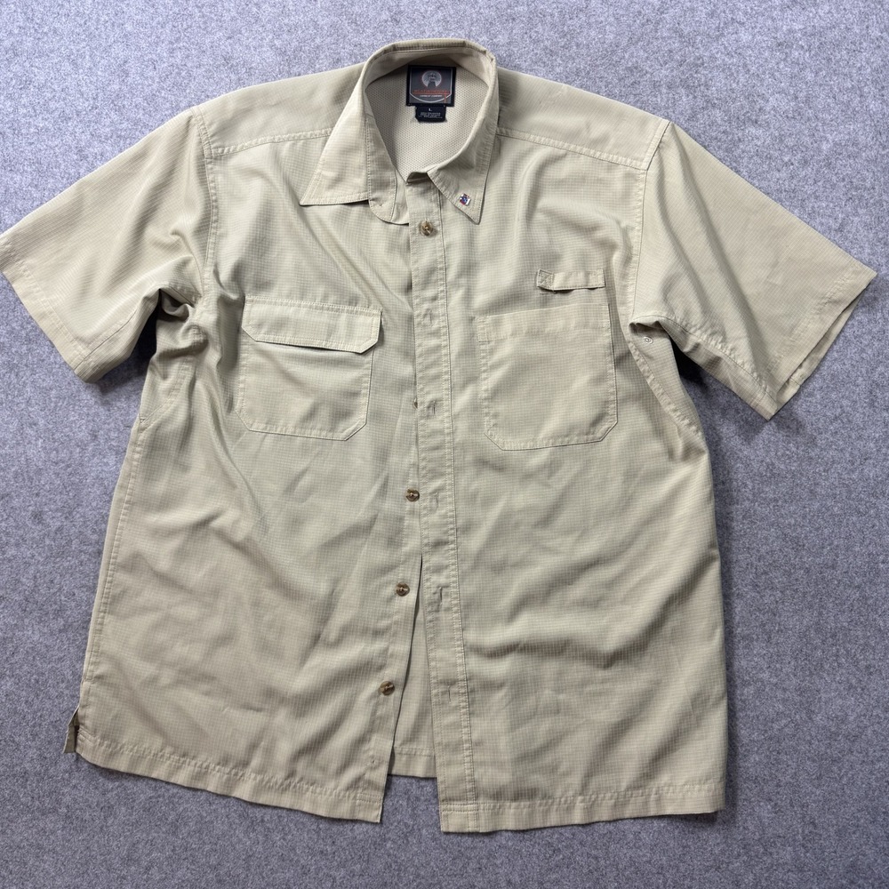 Weatherproof Outdoor Fishing Shirt Large Tan Ripstop Short Sleeve Utility